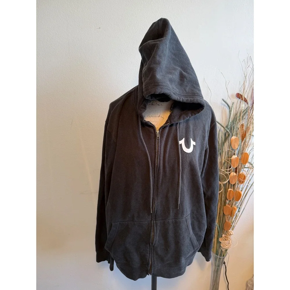 True Religion Mens 2XL Black‎ Buddha Guitar Graphic Full Zip Hoodie Sweatshirt